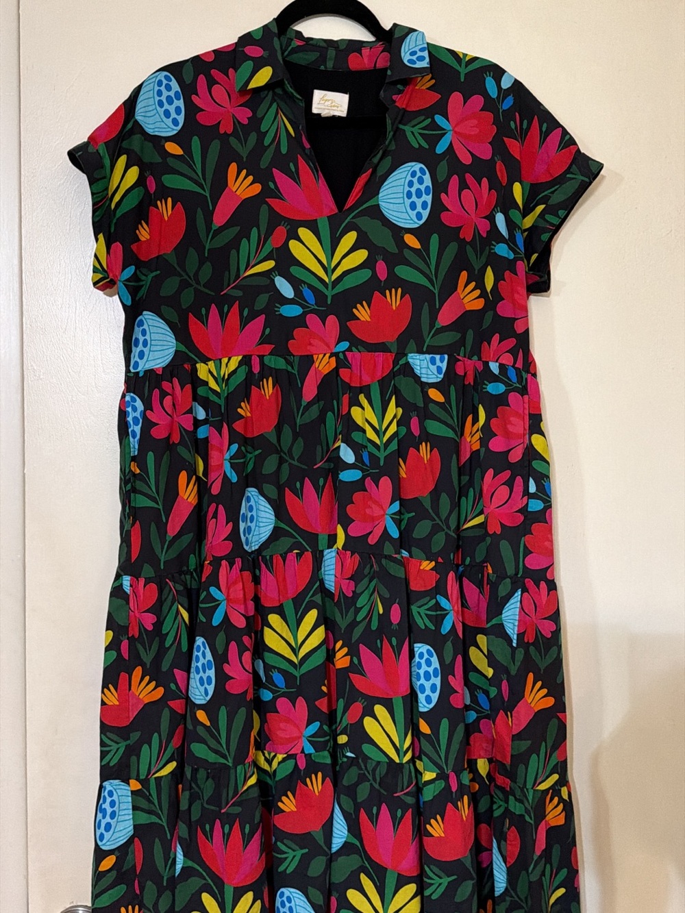 Women’s Floral Tiered Maxi Dress in Black with Bright Multicolor Print